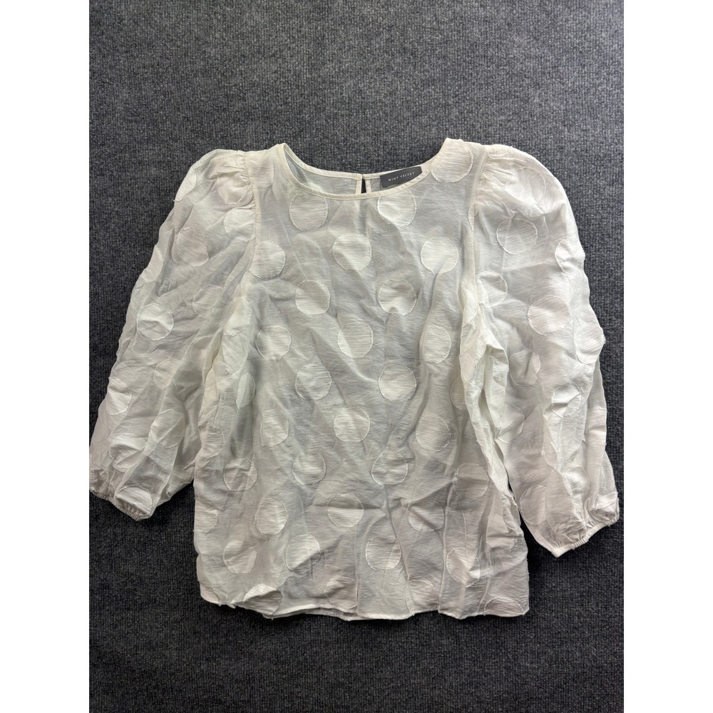 Mint Velvet Blouse Womens 8 White Polka Dot Burnout Puff Sleeve Top